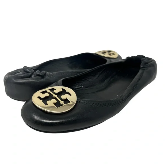 Tory Burch Black Flats with Gold Logo - Picture 2 of 8